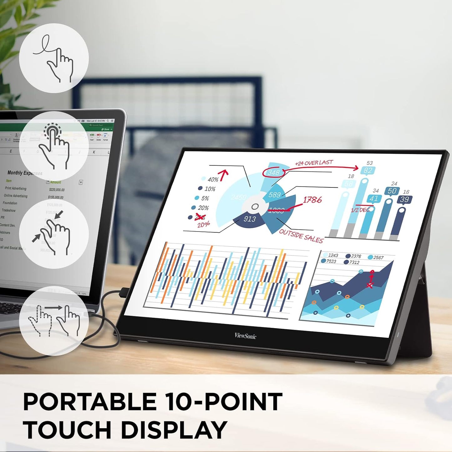 VIEWSONIC PORTABLE TOUCH MONITOR TD1655, 15.6 INCH(39.624 CM) 1920 X 1080 PIXELS LED WITH IPS PANEL, 10 POINT CAPACITIVE TOUCH SCREEN, FRAMELESS, 2 WAY POWERED 60W USB C, DUAL SPEAKERS(METALIC SILVER)
