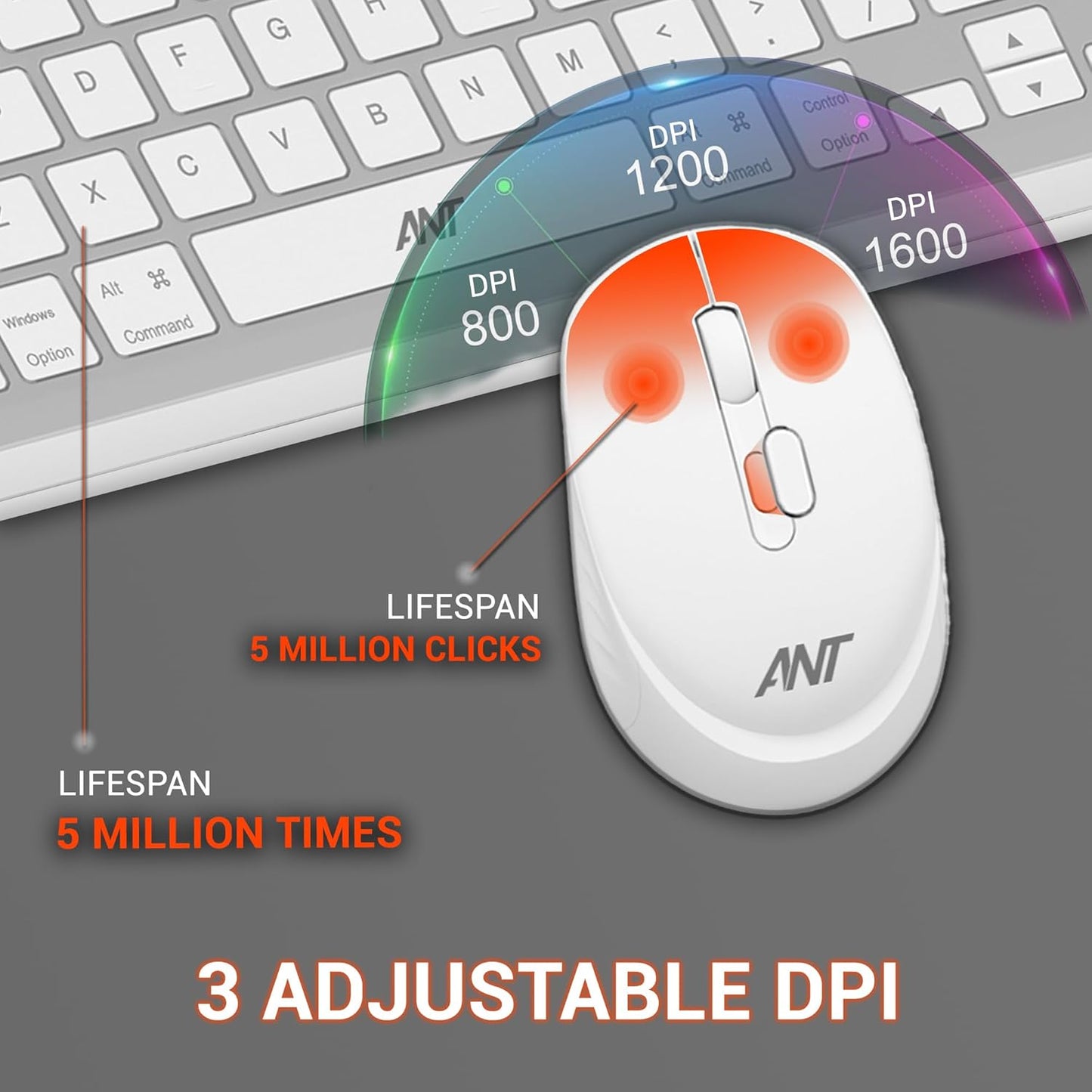 ANT ESPORTS WK250 PROFESSIONAL WIRELESS KEYBOARD & MOUSE COMBO WHITE SILVER (R-41285455) (ETA-SD-20241110955) (ETA-SD-20241111000)