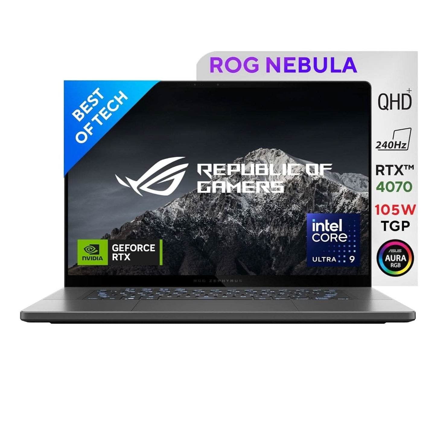 ASUS ROG ZEPHYRUS G16, GAMING LAPTOP, INTEL CORE ULTRA 9 185H, BUILT-IN AI, NVIDIA GEFORCE RTX 4070,16 INCH 2.5K QHD+ (40.64CM) 240HZ (32GB/1TB SSD/WIN 11/OFFICE 2021/GREY/1.85 KG), GU605MI-QP253WS