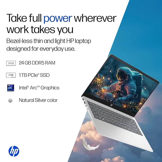 HP 14, Intel Core Ultra 7 155H (24GB DDR5, 1TB SSD), Micro-Edge, Anti-Glare, FHD, 14''/35.6cm, Win11, M365 Office24, Silver, 1.4kg, ep1181TU, FHD Camera, Backlit Laptop