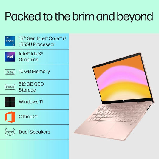 HP PAVILION 14 X360 INTEL CORE I7 13TH GEN 1355U - (16 GB/512 GB SSD/WINDOWS 11 HOME) 14-EK1152TU 2 IN 1 LAPTOP (14 INCH, PALE ROSE GOLD COVER & BASE, 1.51 KG, WITH MS OFFICE)