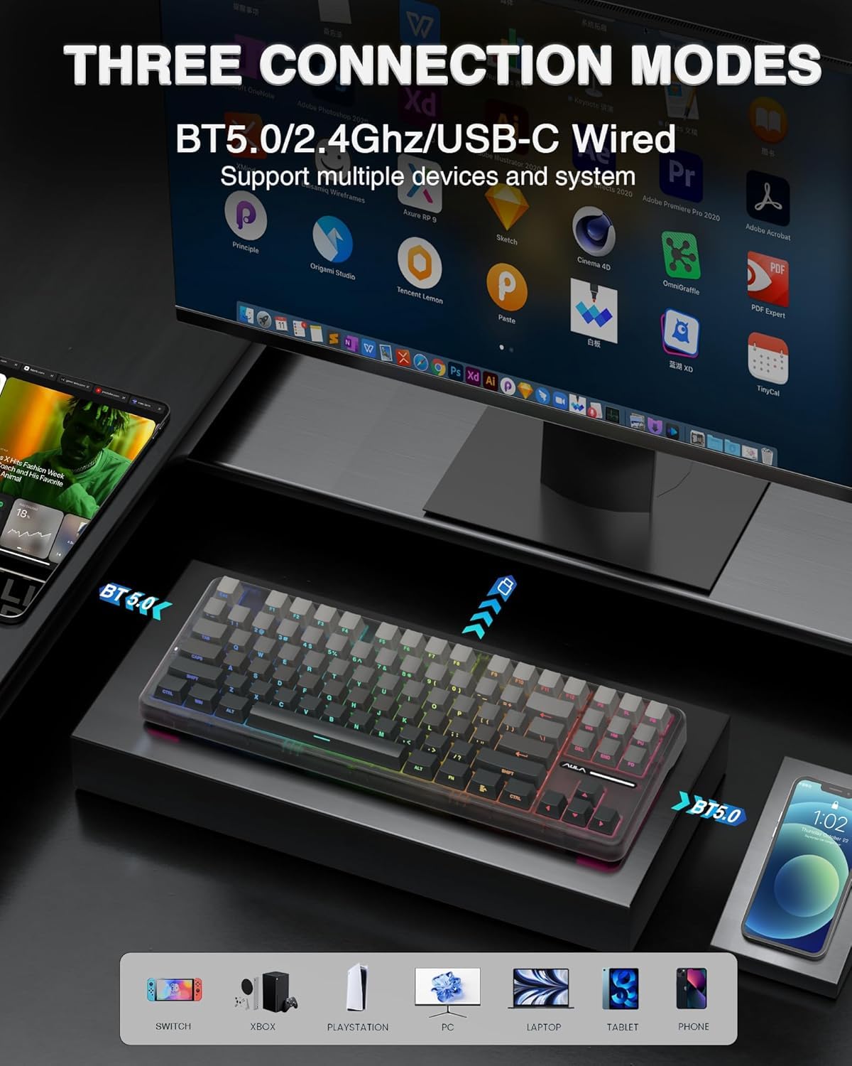 AULA F87 GRADIENT GRAY SPACE CRYSTAL SWITCH MECHANICAL GAMING KEYBOARD