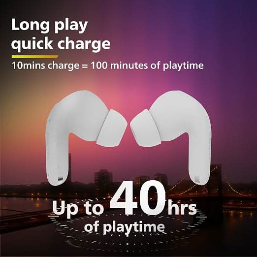 Philips TAT1269BKHP Bluetooth Truly Wireless in Ear Earbuds with mic, 13mm Drivers, BT 5.4, 40H Playtime, IPX5, Fast Charging White