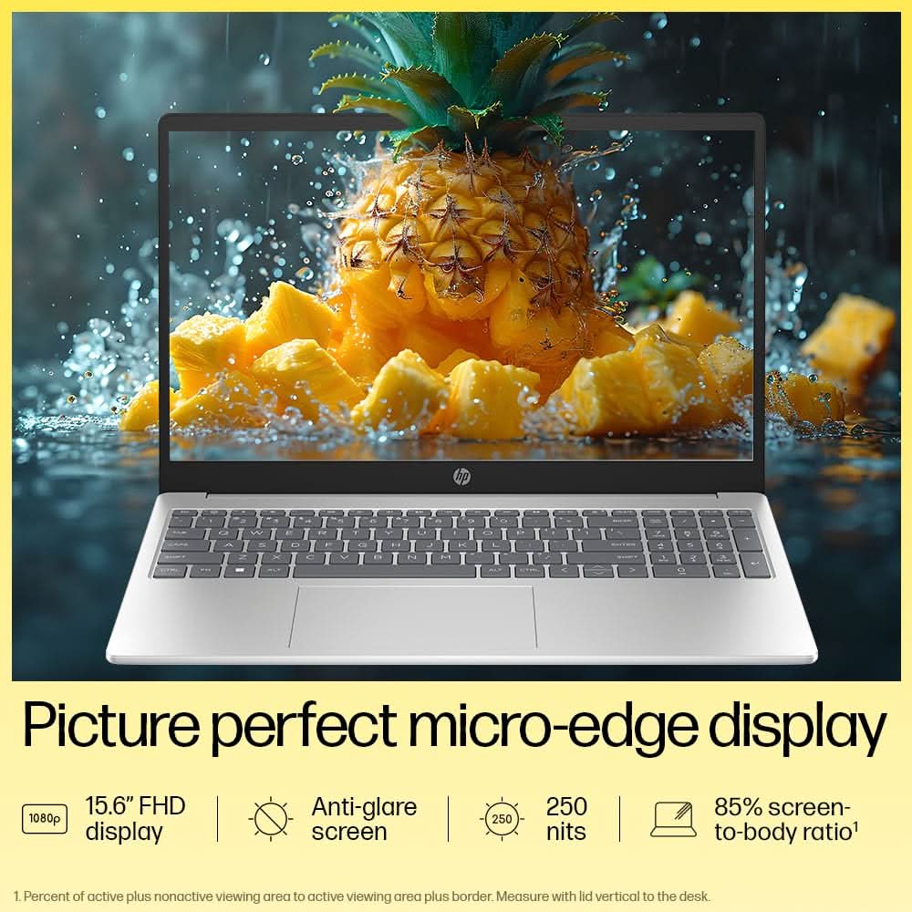 HP 15, AMD RYZEN 3 7320U, 8GB LPDDR5, 512GB SSD, ANTI-GLARE, MICRO-EDGE, 15.6-INCH (39.6 CM), FHD, AMD RADEON GRAPHICS, 1080P HD CAMERA, (WIN 11, SILVER, 1.59 KG), FC0154AU