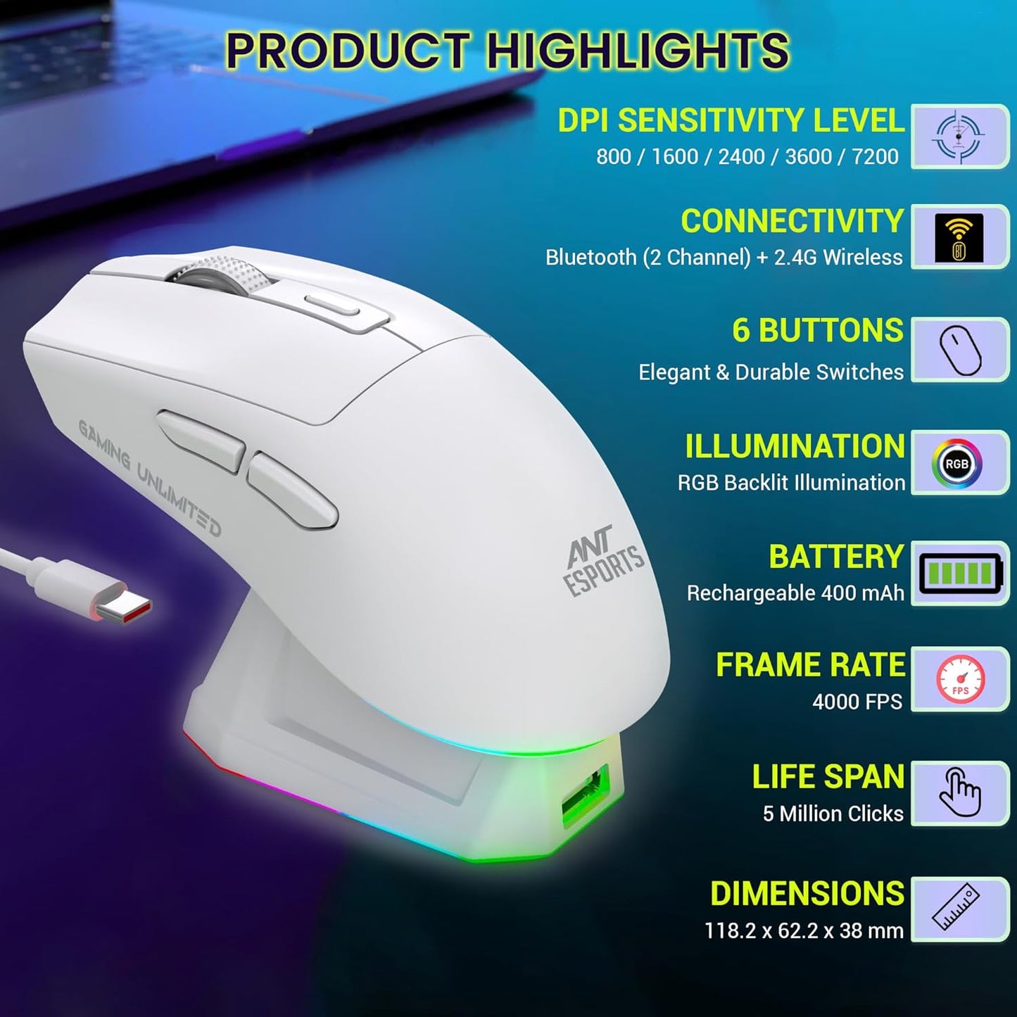 ANT ESPORTS GM810 PRO WIRELESS OPTICAL GAMING MOUSE 7200 DPI 2.4G BLUETOOTH - WHITE