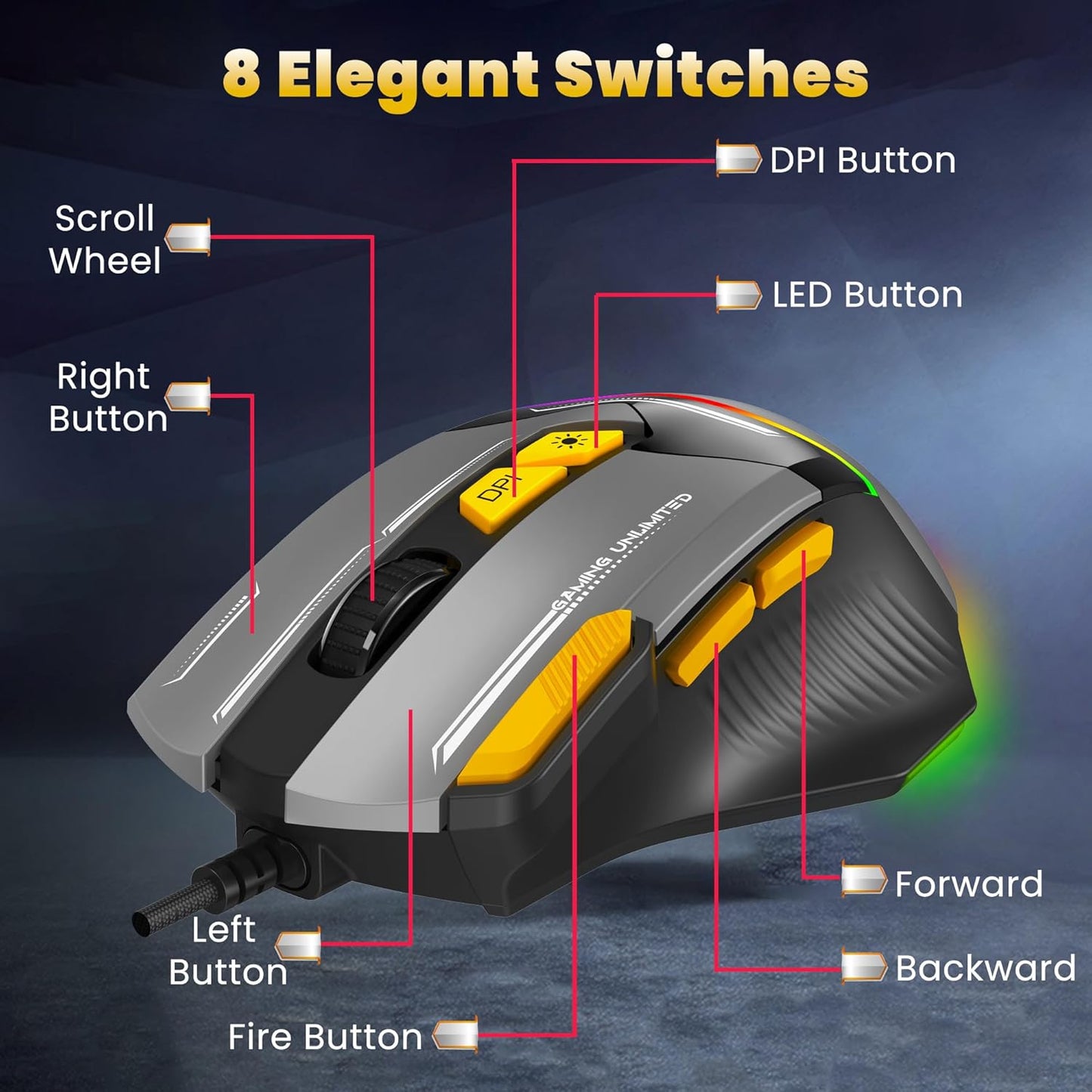 ANT ESPORTS GM333 WIRED OPTICAL ERGONOMIC DESIGN GAMING MOUSE BLACK/YELLOW/WHITE