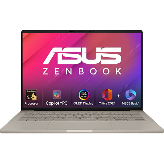 ASUS ZENBOOK A14, SNAPDRAGON X ELITE PROCESSOR,(QUALCOMM ADRENO IGPU/16GB RAM/512GB SSD/WINDOWS 11 HOME/MS OFFICE 365 BASIC (1YEAR)*/14 INCH FHD+ OLED/AI PC/ZABRISKIE BEIGE/0.98 KG), UX3407RA-QD054WS
