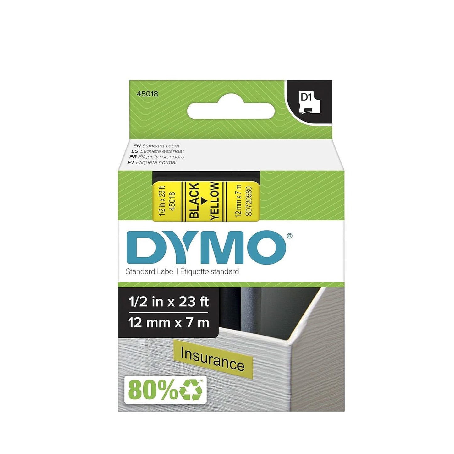 DYMO AUTHENTIC D1 LABELS, BLACK PRINT ON YELLOW TAPE, 12MM X 7M, SELF-ADHESIVE LABELS FOR LABELMANAGER & MOBILELABELER LABEL PRINTERS