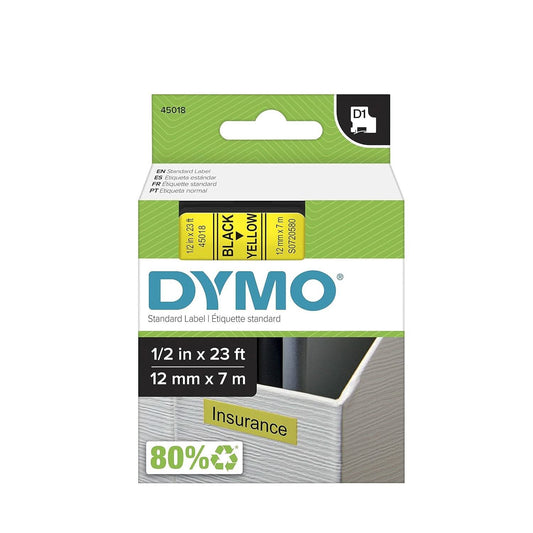 DYMO AUTHENTIC D1 LABELS, BLACK PRINT ON YELLOW TAPE, 12MM X 7M, SELF-ADHESIVE LABELS FOR LABELMANAGER & MOBILELABELER LABEL PRINTERS