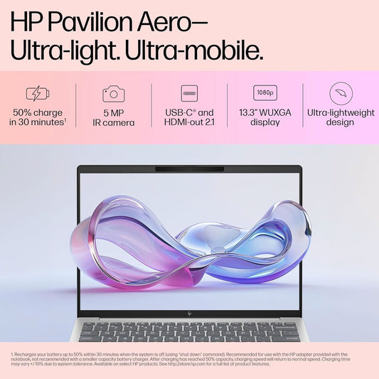 HP PAVILION AERO AI LAPTOP, AMD RYZEN 5 8640U, 16 TOPS, 16GB LPDDR5X, 512GB SSD, (WIN 11, OFFICE 21, SILVER, < 1KG) 13.3-INCH (33.8CM), ULTRA-LIGHT, WUXGA, AMD RADEON GRAPHICS, 5MP CAMERA, BG0016AU