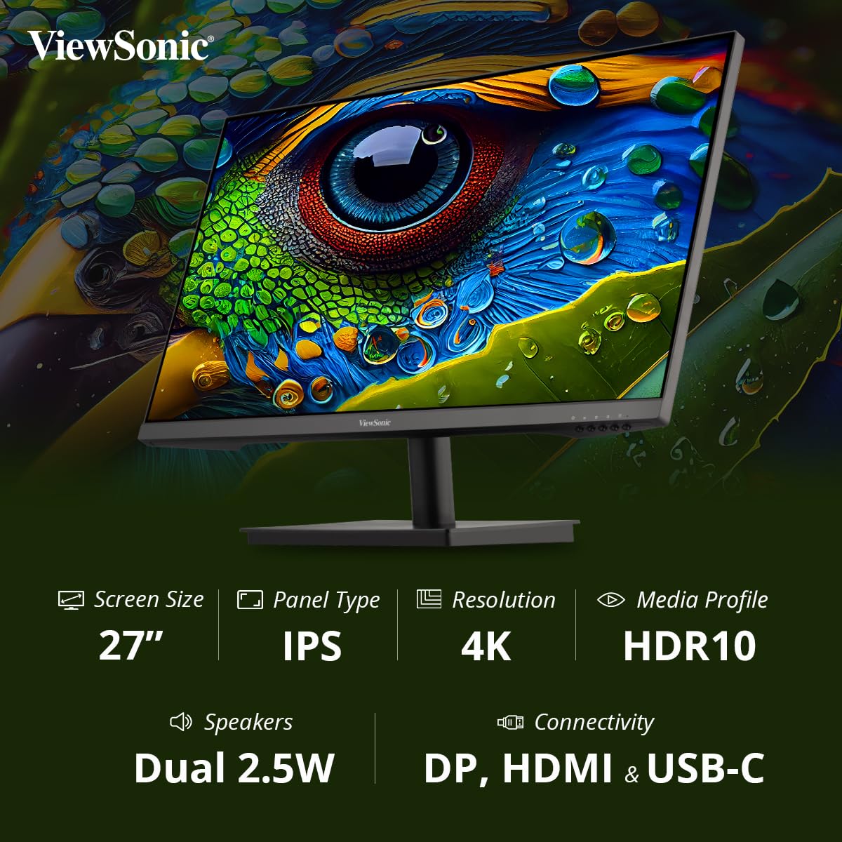 VIEWSONIC VA2709U-4K 68.58 CM (27") SUPERCLEAR IPS 4K UHD MONITOR | SINGLE CABLE SOLUTION | 65W LAPTOP CHARGE BACK | HDR10 | EYE PROTECH | DUAL SPEAKER HDMI | DP | USB-C