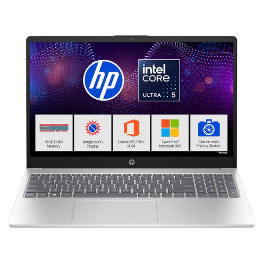 HP 15, Intel Core Ultra 5 125H Laptop (16GB DDR5,512GB SSD) IPS, Anti-Glare, Micro-Edge, 15.6''/39.6cm, FHD, Win11,M365 Basic(1yr),Office Home24, Silver,1.65kg, FHD Camera w/Shutter,Backlit, fd1254TU