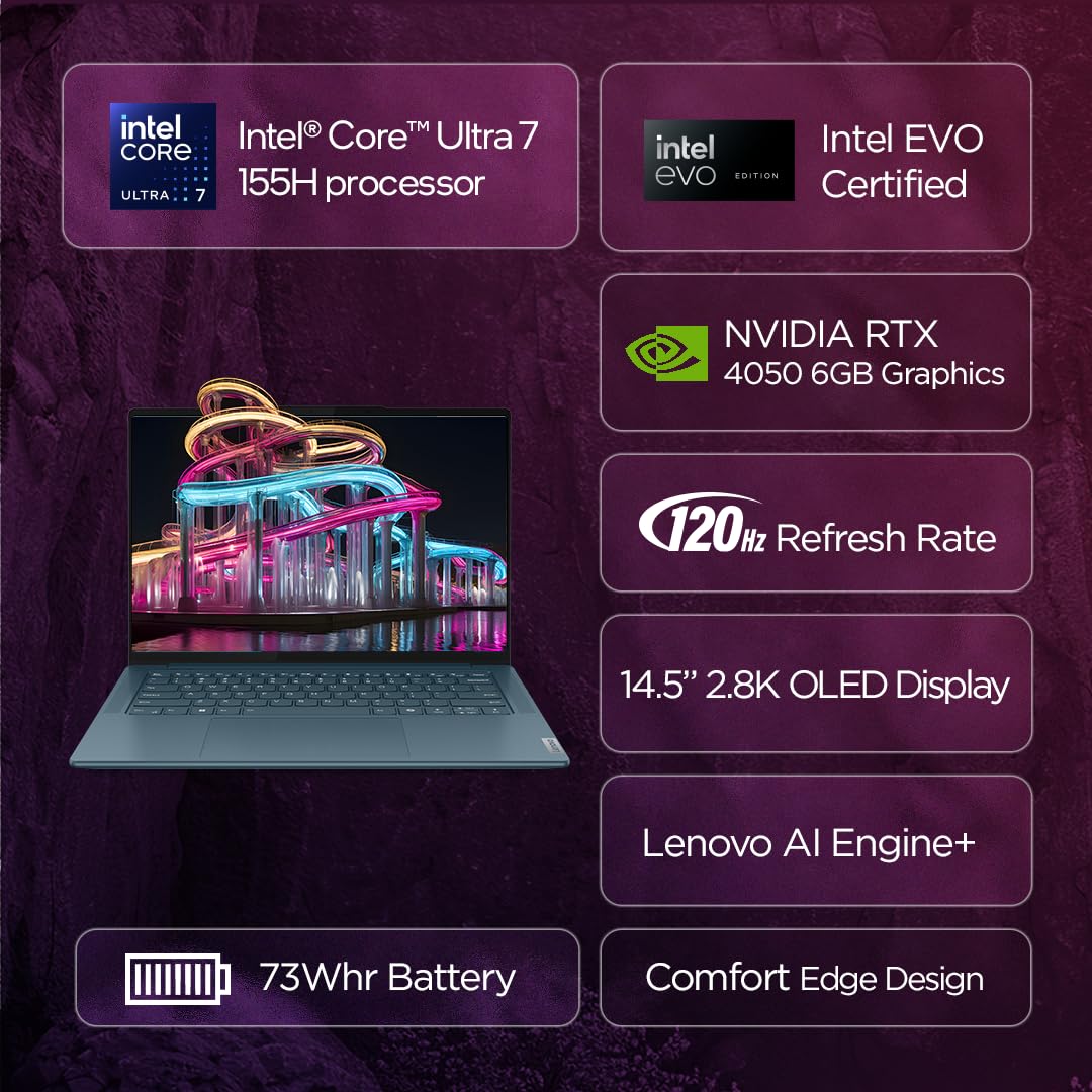 LENOVO YOGA PRO 7 INTEL EVO CORE ULTRA 7 155H BUILT-IN AI 14 INCH(35.5CM) 2.8K-OLED 400NITS 120HZ LAPTOP (16GB/1TB SSD/NVIDIA RTX 4050 6GB/FHD+IR CAMERA/WIN11/MSO 21/3MON GAMEPASS/GREY/1.5KG), 83E2005EIN