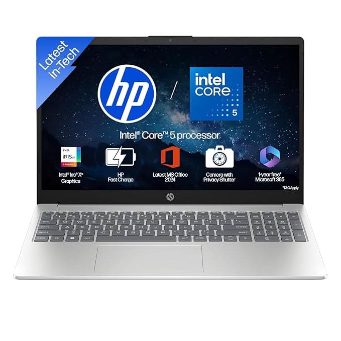 HP 15, Intel Core 5-120U(16GB DDR4, 512GB SSD) FHD, Anti-Glare, Micro-Edge, 15.6''/39.6cm, Win11, M365 Basic(1yr), Office Home24, Silver,1.59kg, FD0682TU, FHD Camera w/Privacy Shutter, Backlit Laptop