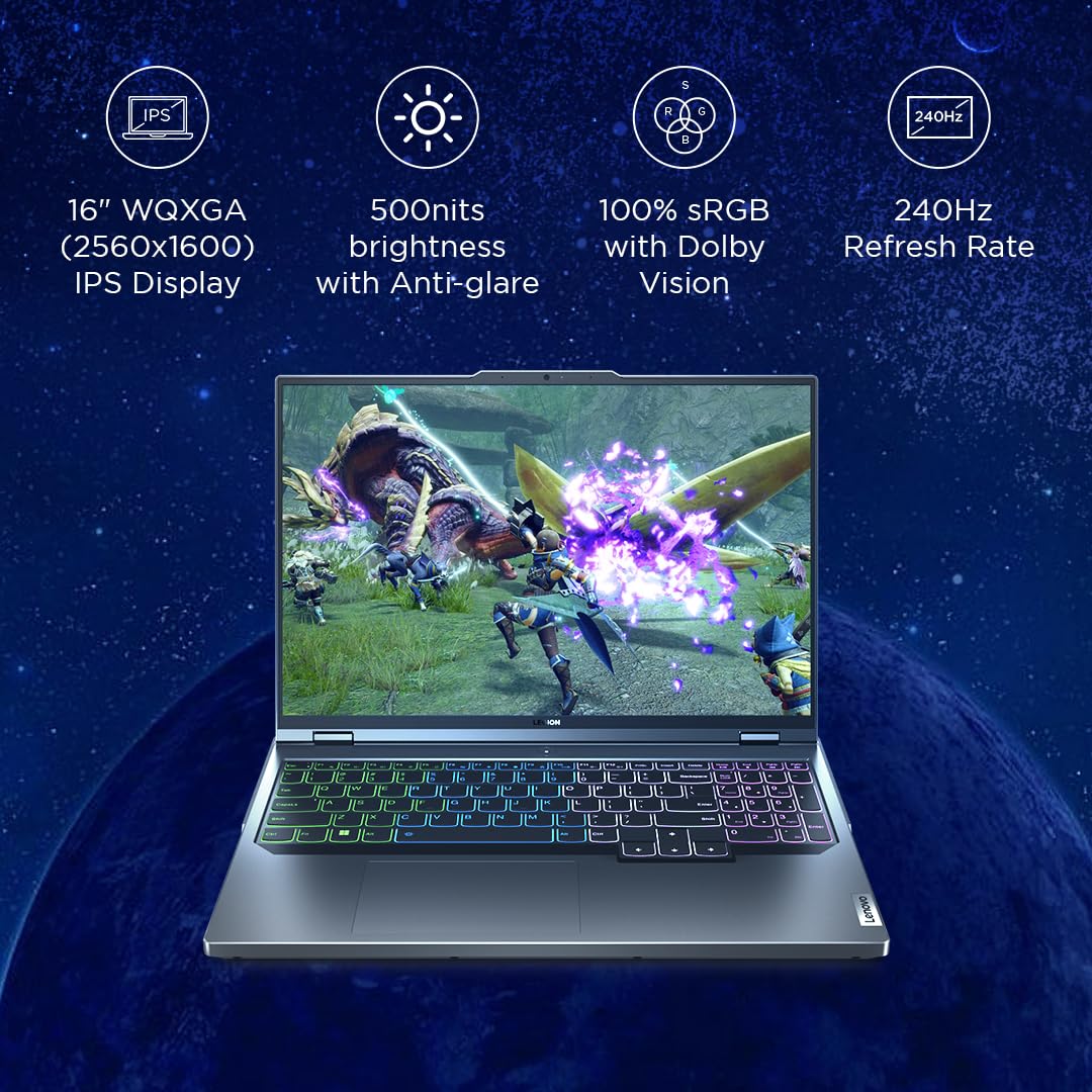 LENOVO LEGION PRO 5 AMD RYZEN 9 7945HX 16 INCH (40.64CM) WQXGA-IPS 240HZ 500NITS GAMING LAPTOP (32GB/1TB SSD/WIN 11/OFFICE 2021/NVIDIA RTX 4070 8GB/ALEXA/3 MONTH GAME PASS/ONYX GREY/2.5KG), 82WM00FFIN