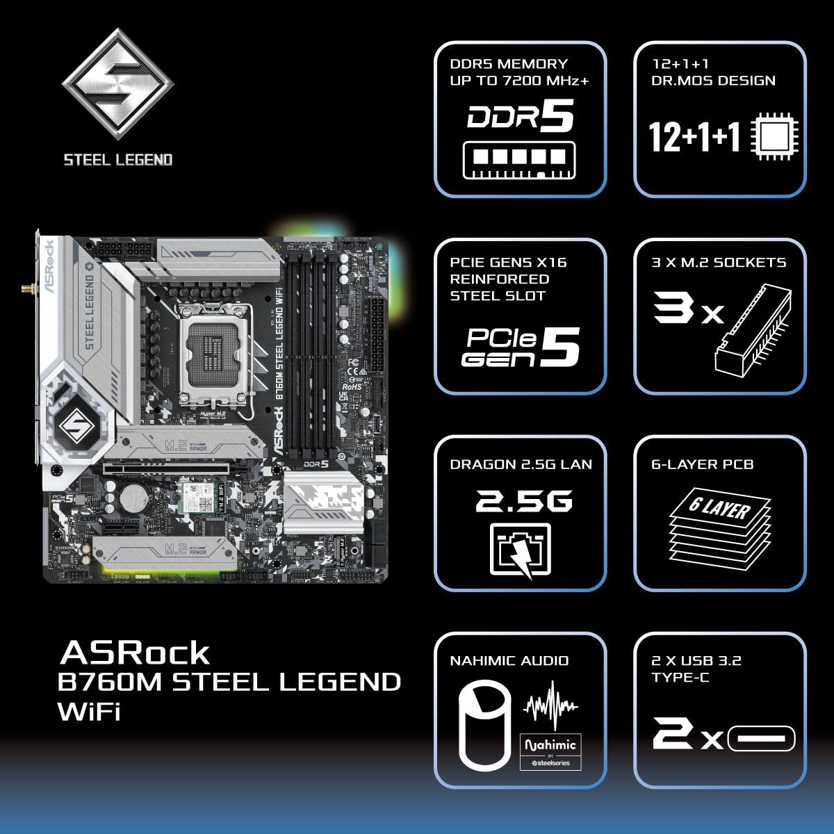 ASROCK B760M STEEL LEGEND WIFI DDR5 MICRO ATX MOTHERBOARD