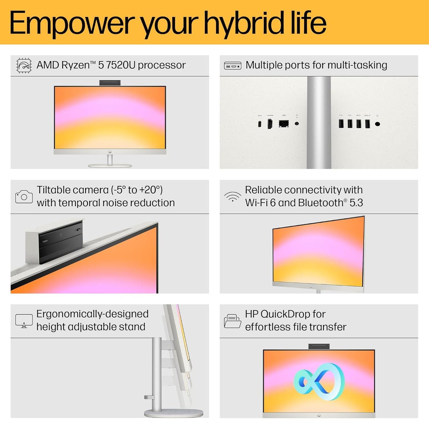 HP ALL-IN-ONE PC RYZEN 5 7520U 27-INCH(68.6CM) FHD IPS DISPLAY, 16GB LPDDR5, 1TB SSD, AMD RADEON GRAPHICS, WIRELESS KEYBOARD AND MOUSE COMBO, FHD CAMERA, (WIN 11, MSO, SHELL WHITE, 6.72KG) 27-CR0445IN