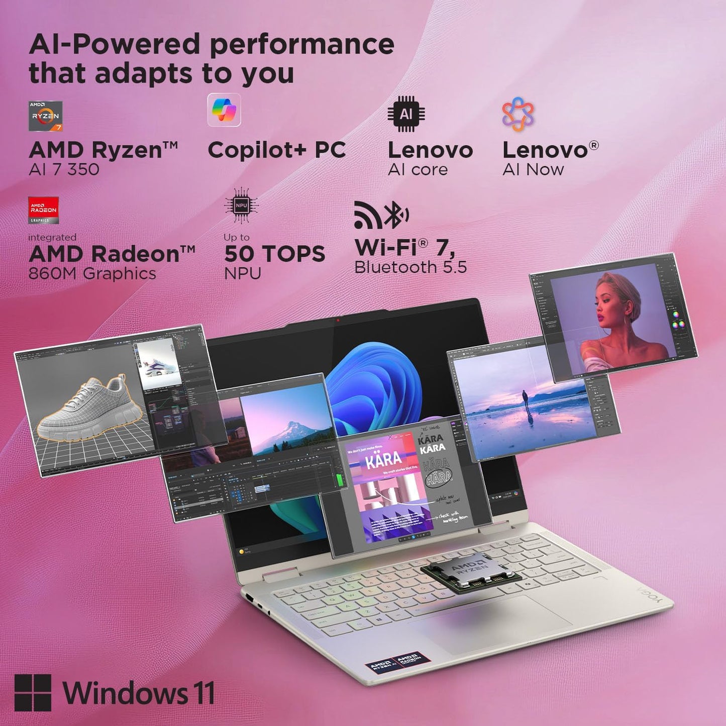 Lenovo Yoga 7 2-in-1 AMD Ryzen AI 7 350 (24GB RAM/1TB SSD/14 (35.5cm)/WUXGA OLED/50 Tops NPU/Copilot+ PC/Windows 11/Office Home 2024/Yoga Pen/1Yr ADP/Seashell/1.38Kg), 83JR001EIN Convertible Laptop
