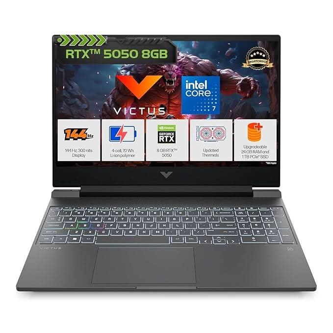 HP Victus, Intel Core 7 240H, 8GB RTX 5050, 24GB DDR5(Upgradeable) 1TB SSD, FHD, 144Hz, 300 nits, IPS, 15.6''/39.6cm, Win11, M365 Office24, Mica Silver, 2.29kg, fa2409TX, RGB Backlit, Gaming Laptop