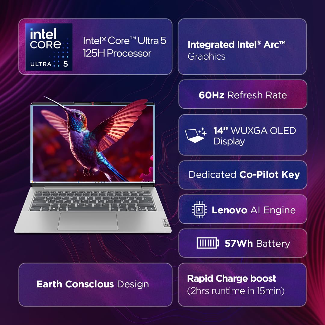 LENOVO IDEAPAD SLIM 5 INTEL CORE ULTRA 5 125H BUILT-IN AI 14 INCH (35.5CM) WUXGA-OLED 400NITS THIN & LIGHT LAPTOP (16GB/1TB SSD/WIN 11/OFFICE 21/FHD+IR CAMERA/ALEXA/3 MON GAMEPASS/GREY/1.4KG), 83DA003GIN