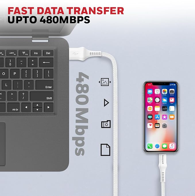 Honeywell USB A to Lightning, 4 Feet (1.2M), Nylon Braided Cable, MFI-certified, QC3.0, 2.4 A Max Output, Fast Charge & Sync Cable for iPhone, iPad, AirPods White