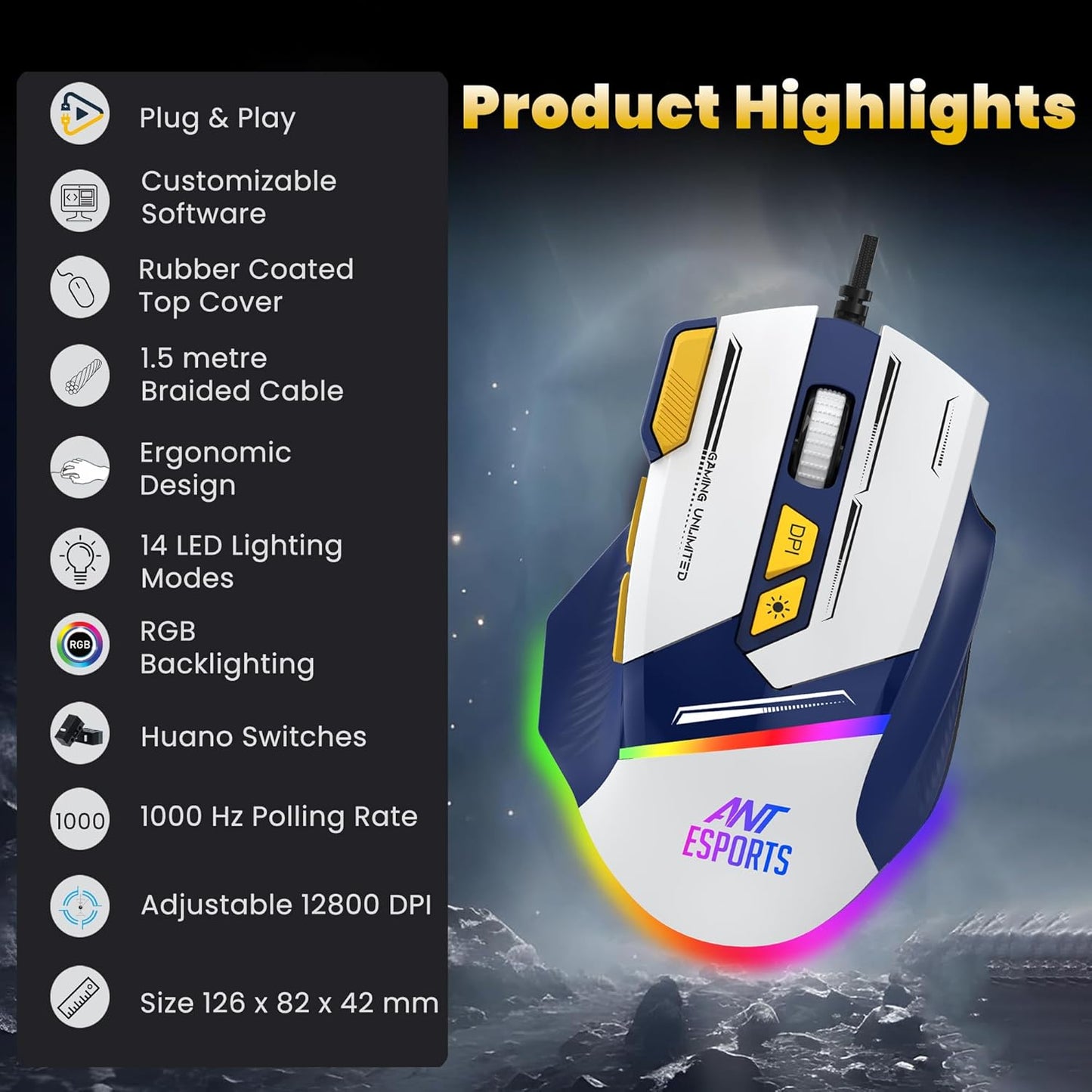 ANT ESPORTS GM333 WIRED OPTICAL ERGONOMIC DESIGN GAMING MOUSE RED/YELLOW BLACK