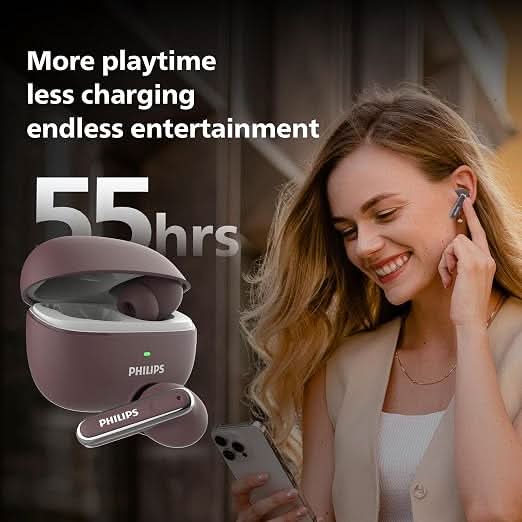 Philips TAT1150RDHP Premium Wireless Earbuds with ANC, Quad Mic ENC, Up to 55 hr Playtime Red