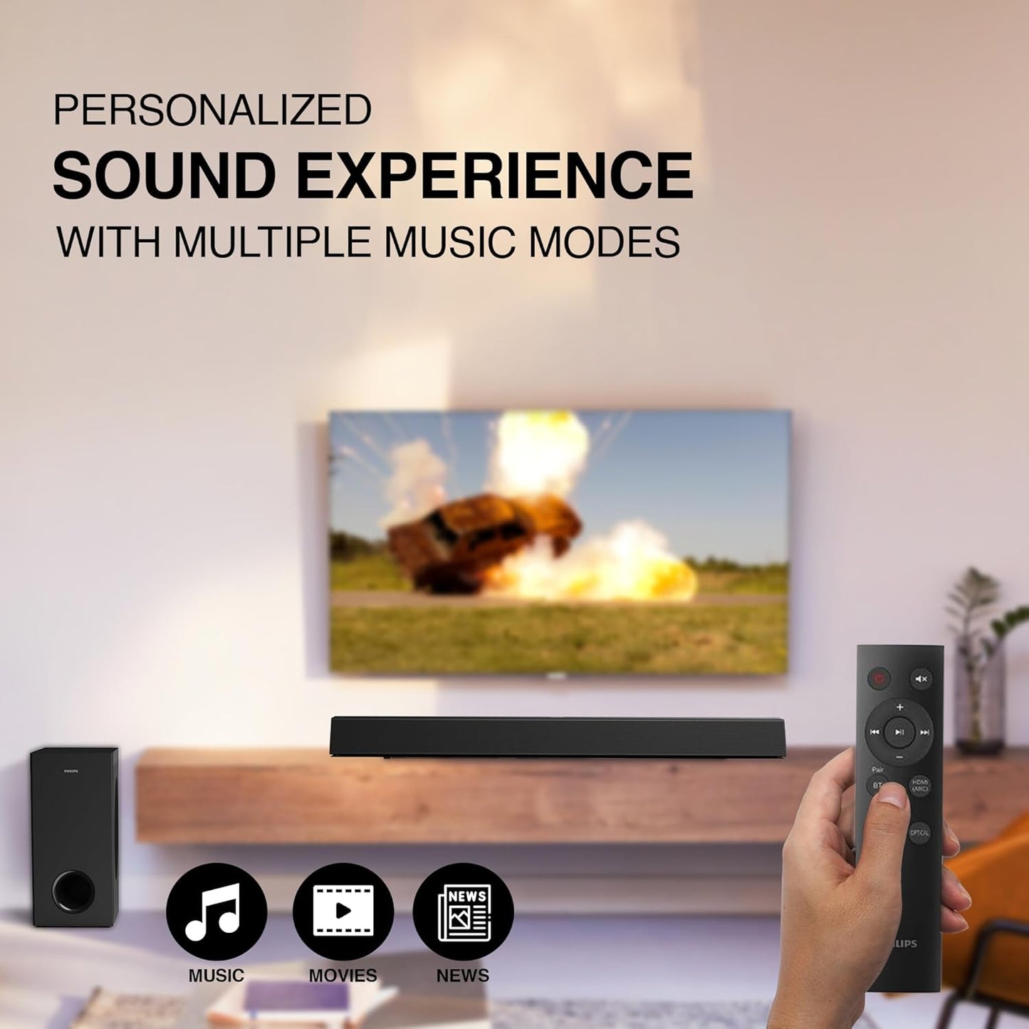 PHILIPS TAB7007 2.1 CH 240W DOLBY DIGITAL PLUS BLUETOOTH SOUNDBAR V5.3 WITH EXTRA BASS, WIRELESS SUBWOOFER, MULTI-CONNECTIVITY OPTION WITH SUPPORTING USB, HDMI, AUX & REMOTE CONTROL (BLACK)