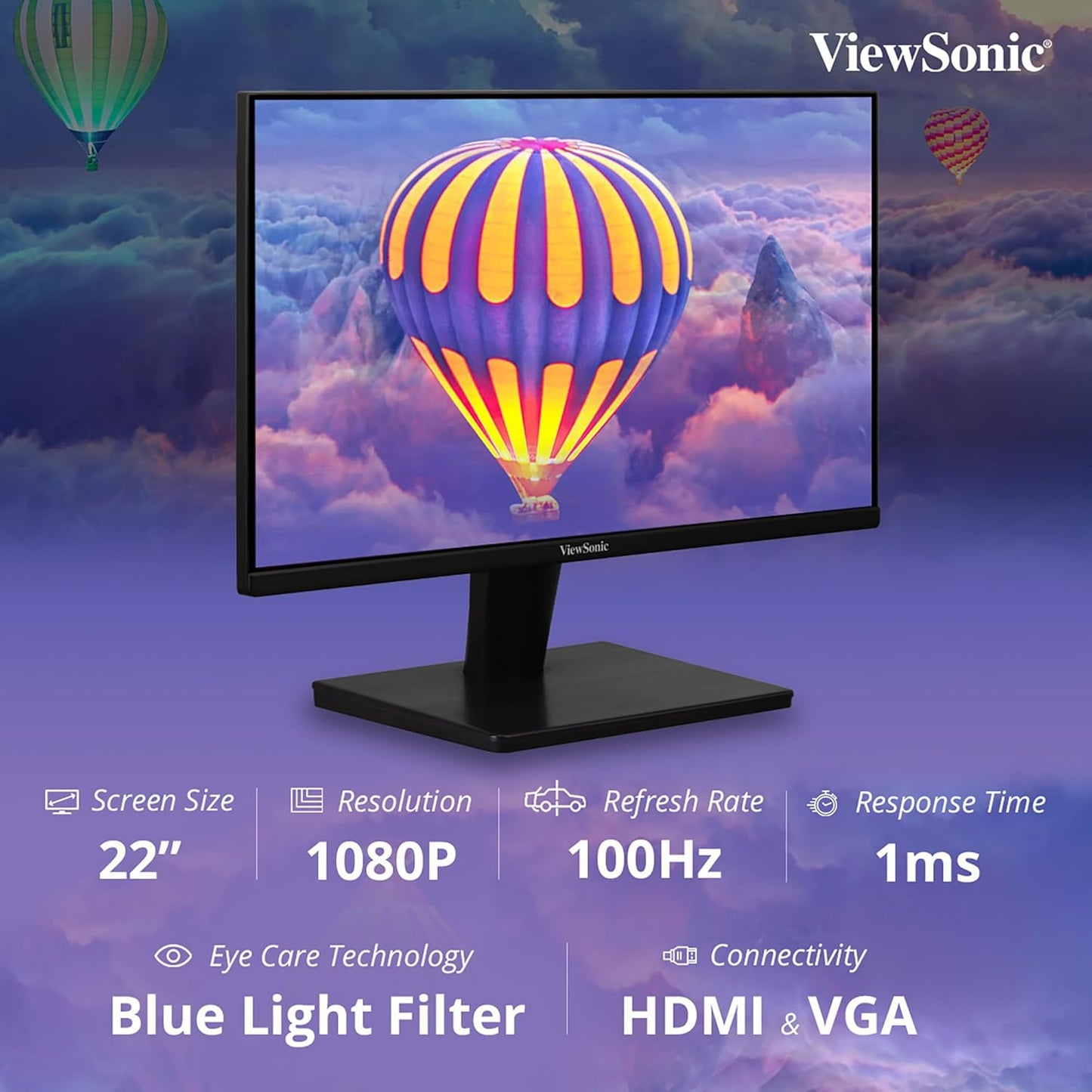 VIEWSONIC 55.88 CM (22"), FHD, VA MONITOR FOR HOME AND OFFICE USE, 100 HZ,1MS RESPONSE TIME, EYE PROTECH FOR COMFORT VIEWING, WALL MOUNT, BEZEL-LESS, SRGB104%, HDMI, VGA -VA2215H