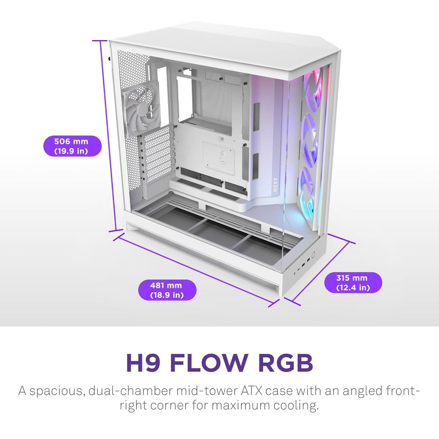 NZXT H9 FLOW RGB (2025) LARGE DUAL-CHAMBER MID-TOWER GAMING CABINET - WHITE (CM-H92FW-R1)
