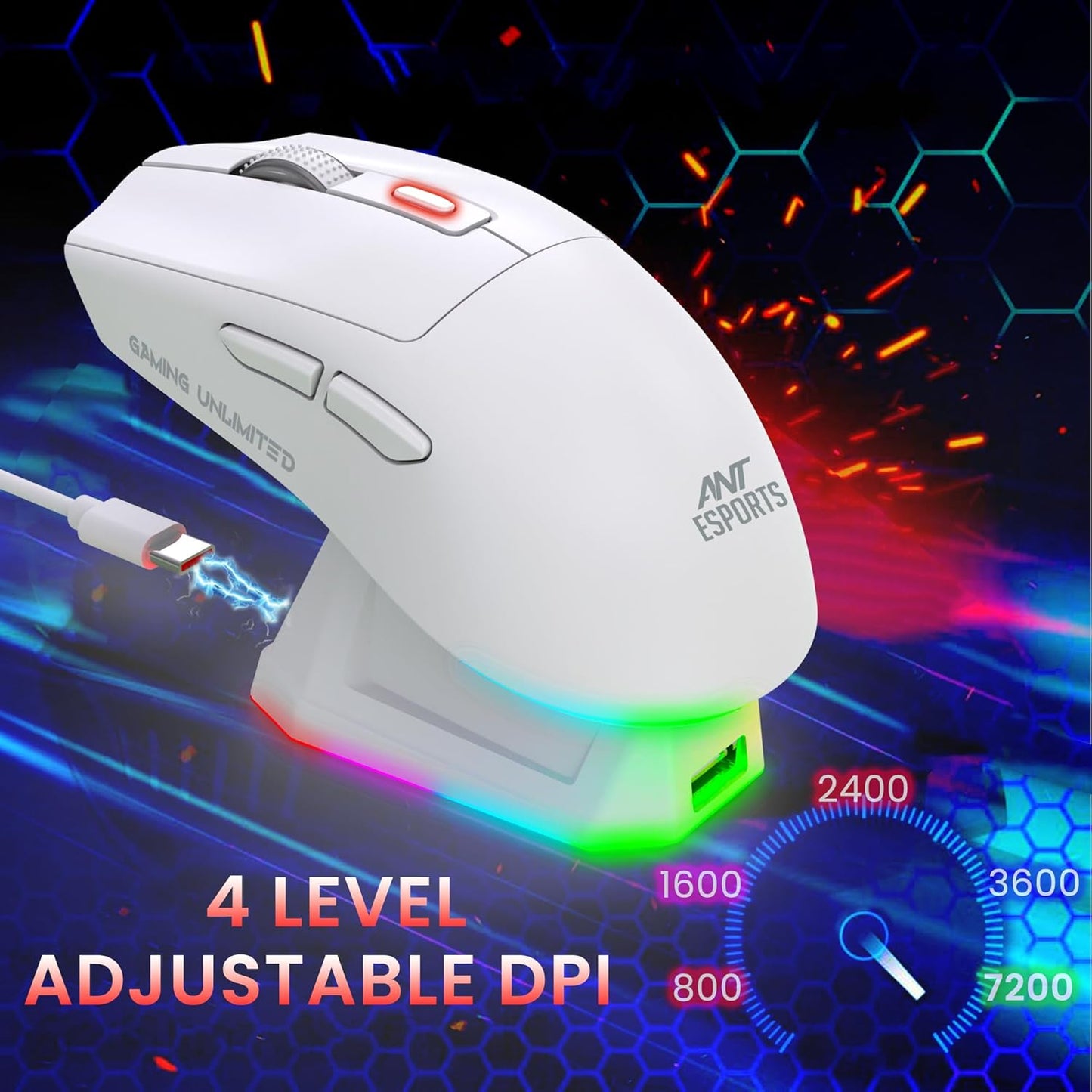 ANT ESPORTS GM810 PRO WIRELESS OPTICAL GAMING MOUSE 7200 DPI 2.4G BLUETOOTH - WHITE