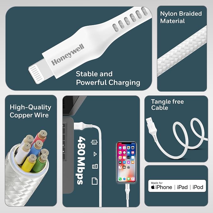 Honeywell USB A to Lightning, 4 Feet (1.2M), Nylon Braided Cable, MFI-certified, QC3.0, 2.4 A Max Output, Fast Charge & Sync Cable for iPhone, iPad, AirPods White