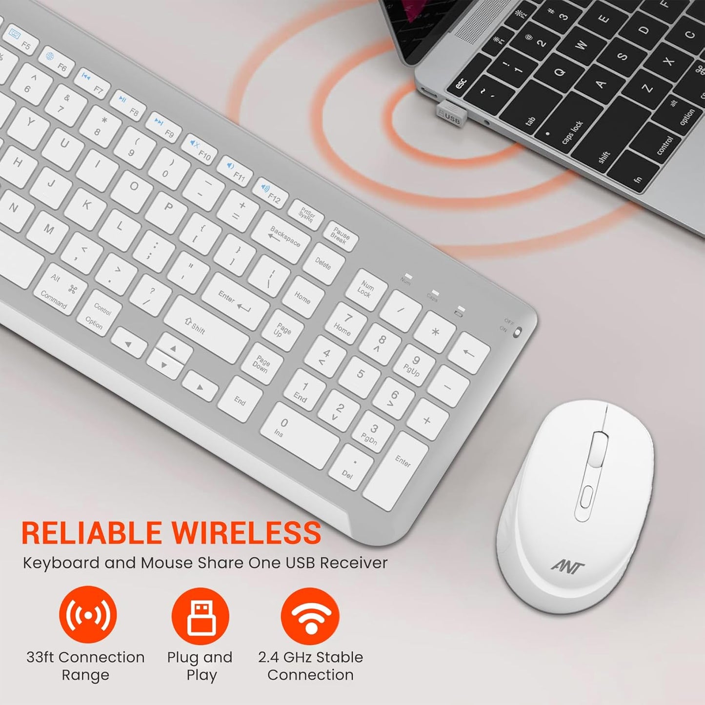 ANT ESPORTS WK250 PROFESSIONAL WIRELESS KEYBOARD & MOUSE COMBO WHITE SILVER (R-41285455) (ETA-SD-20241110955) (ETA-SD-20241111000)