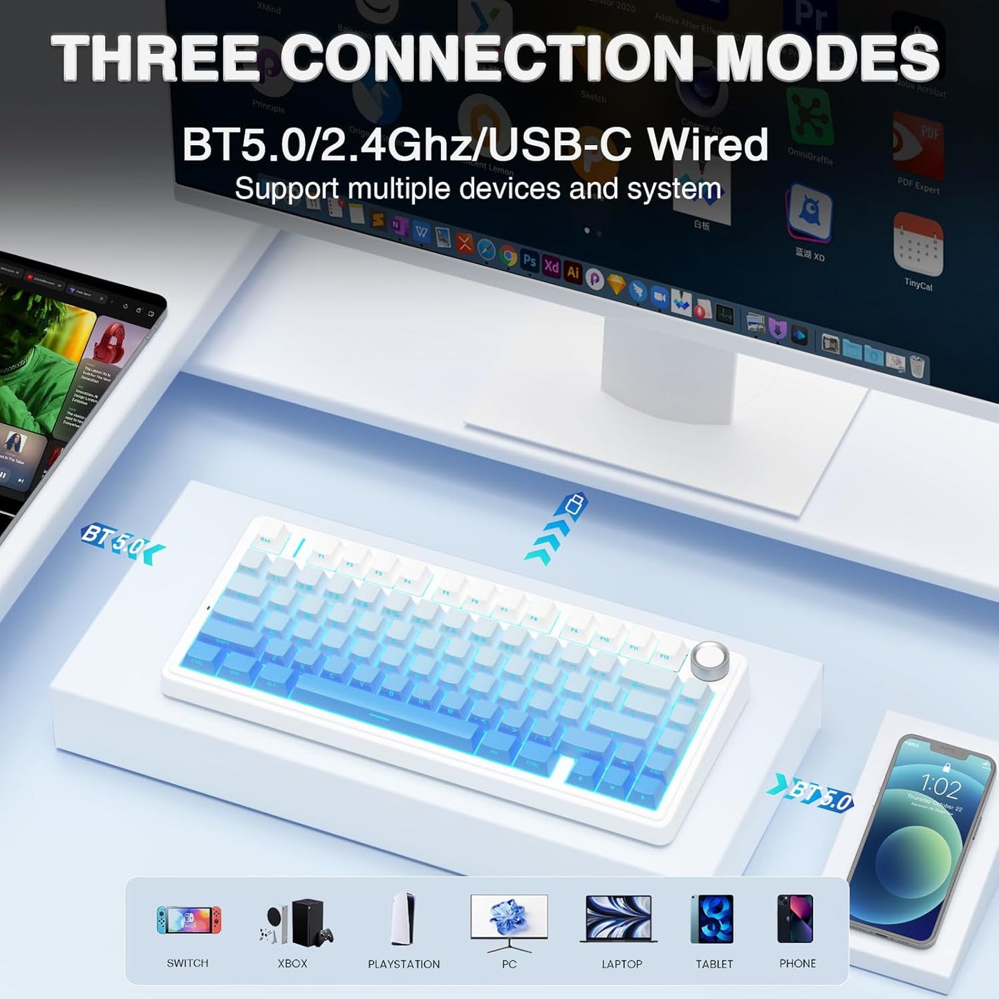 AULA F75 SIDE ENGRAVED MECHANICAL KEYBOARD WHITE + GRADIENT BLUE STAR VECTOR SWITCH