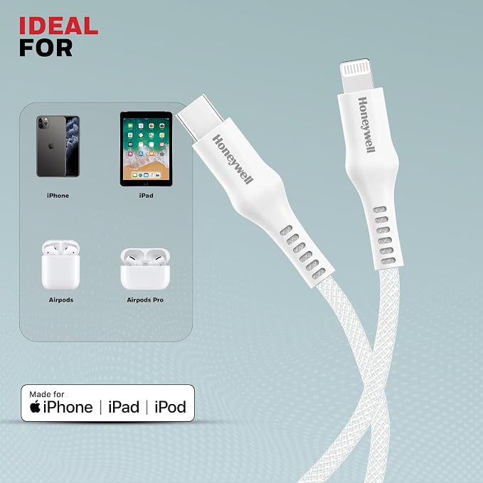 Honeywell Type C to Lightning, 4 Feet (1.2M), Nylon Braided Cable, MFI-certified, QC3.0, PD 87W Support with Max Output 3A, Fast Charge & Sync Cable for iPhone, iPad, AirPods White