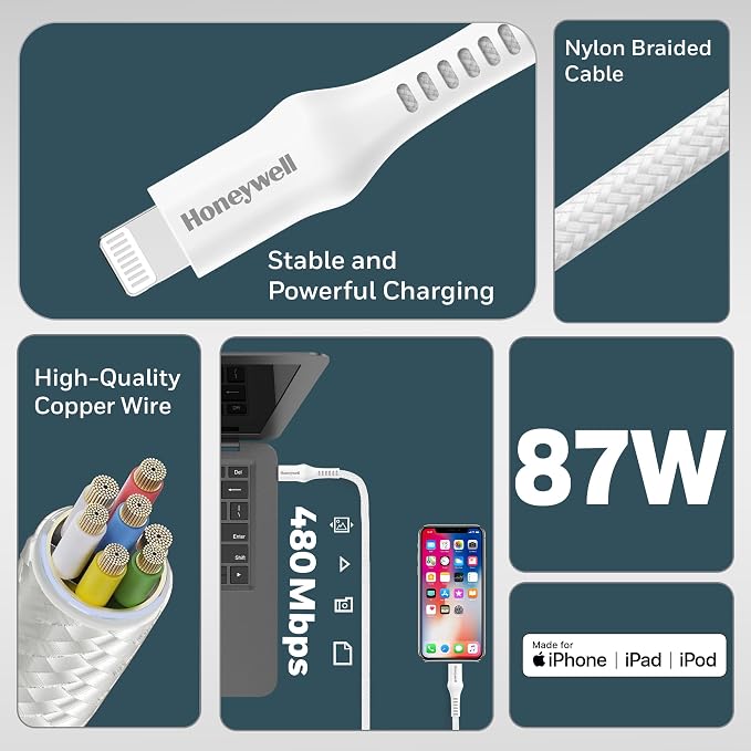 Honeywell Type C to Lightning, 4 Feet (1.2M), Nylon Braided Cable, MFI-certified, QC3.0, PD 87W Support with Max Output 3A, Fast Charge & Sync Cable for iPhone, iPad, AirPods White