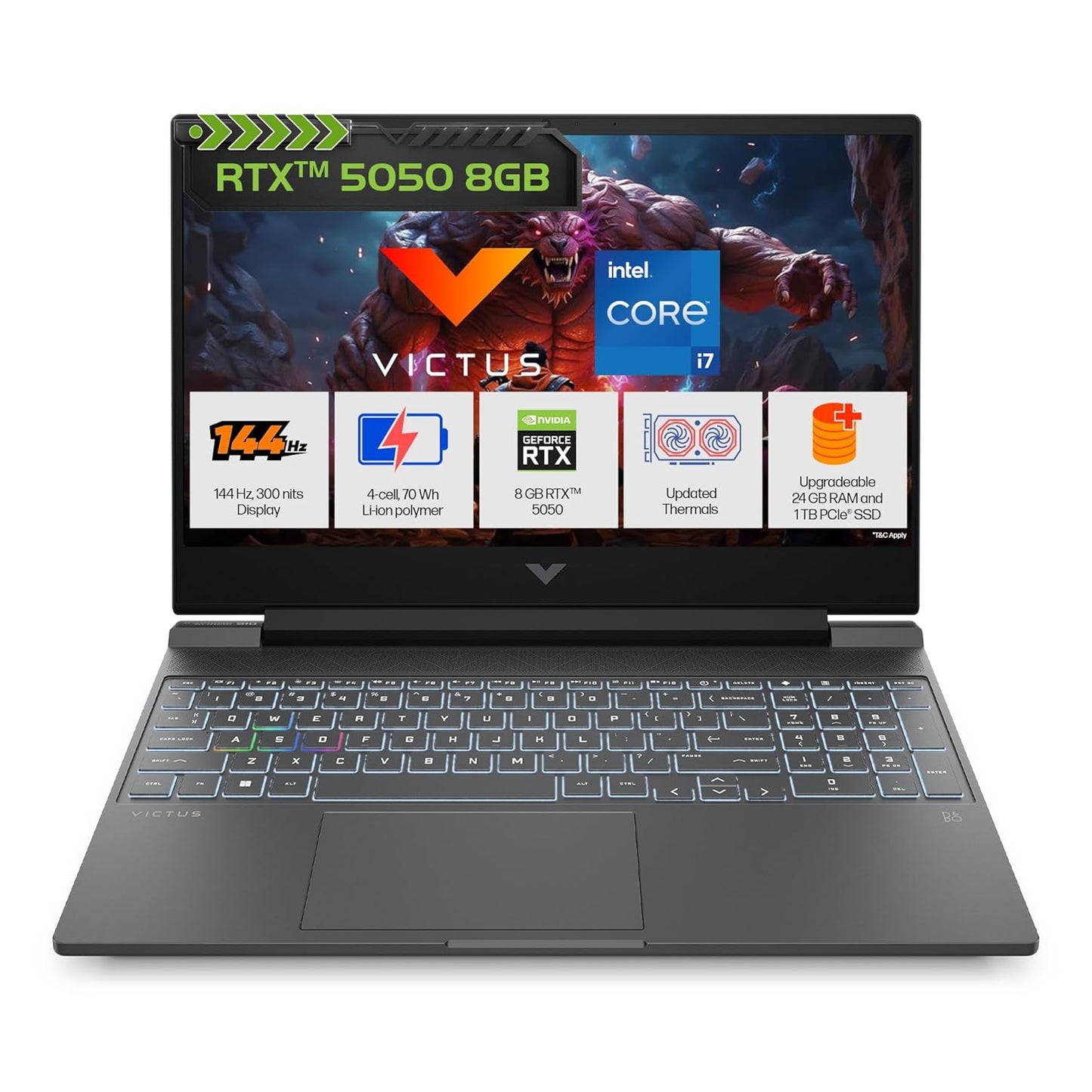 HP Victus, 13th Gen Intel Core i7-13620H, 8GB RTX 5050 (Upgradeable 24GB DDR5, 1TB SSD) FHD, 144Hz, IPS, 300nits, 15.6''/39.6cm, Win11, M365 Office24, Mica Silver, 2.29kg, fa2309TX, RGB, Gaming Laptop