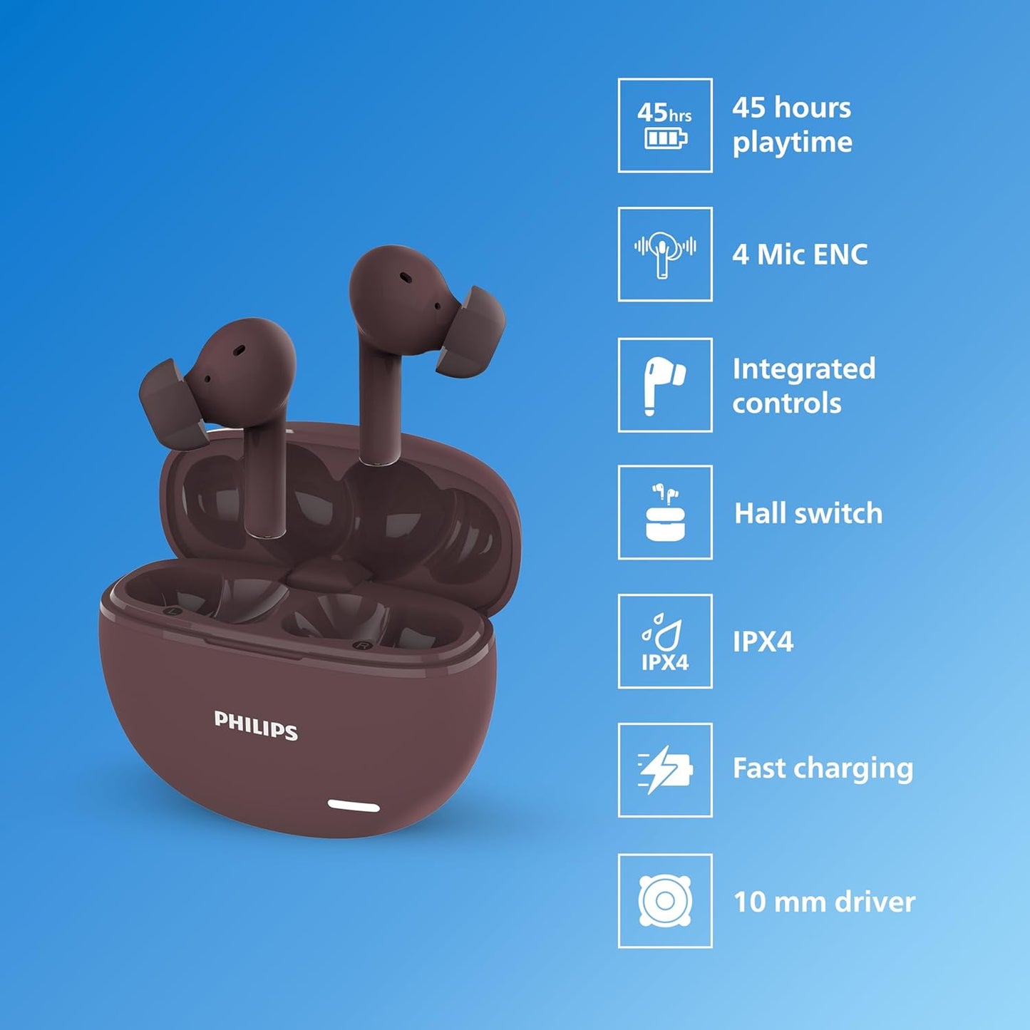 PHILIPS AUDIO TAT1179RD/94 TRUE WIRELESS IN EAR EARBUDS WITH POCKET SIZED CHARGING CASE, PLAY TIME UPTO 45HRS, 10MM DYNAMIC DRIVERS, INBUILT MIC, IPX4 SPLASH & SWEAT RESISTANT (RED)