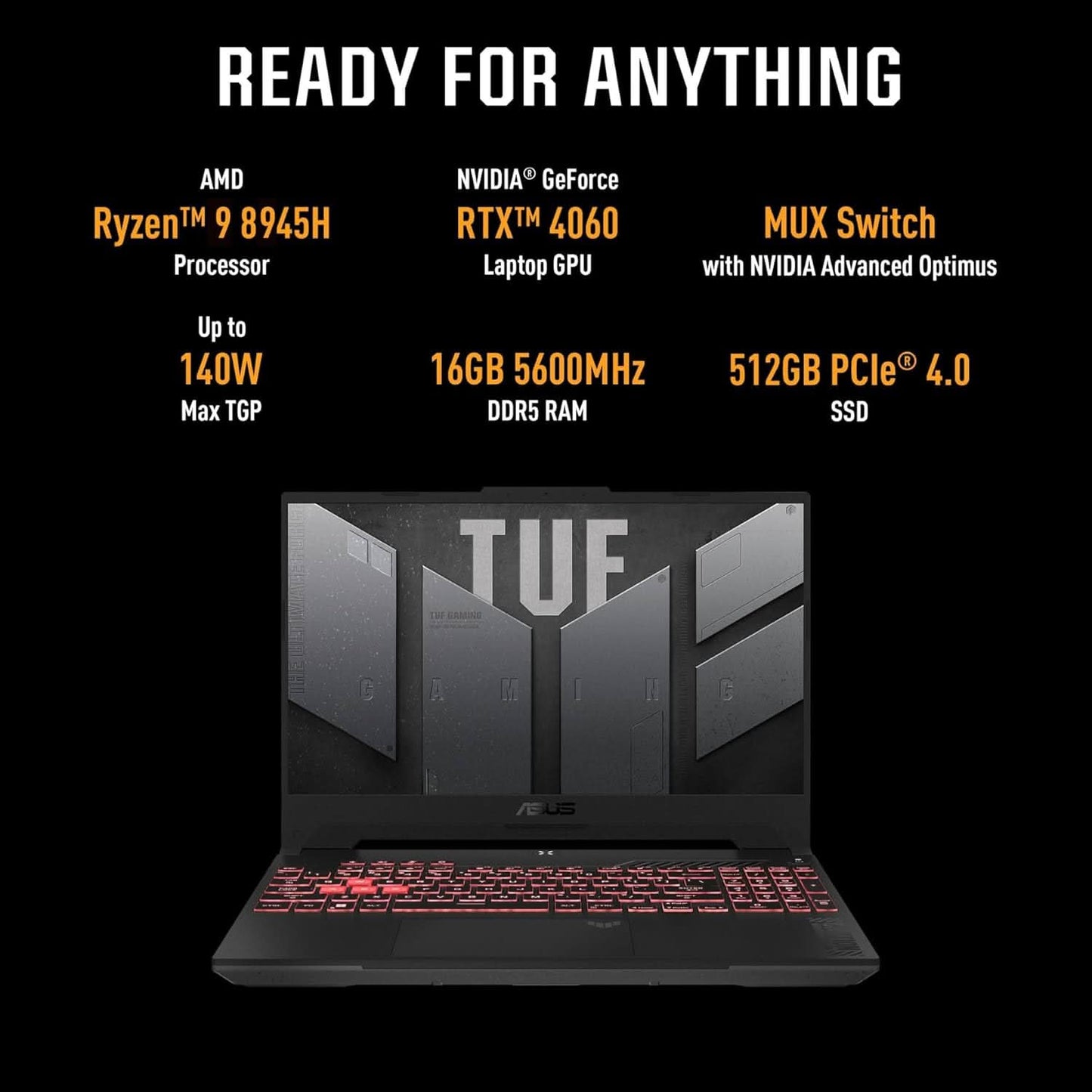 ASUS TUF GAMING A15, 15.6 INCH FHD 144HZ 250NITS, AMD RYZEN 9 8945H PROCESSOR, GAMING LAPTOP (16GB RAM/1TB SSD/NVIDIA GEFORCE RTX 4060/WINDOWS 11/OFFICE HOME/MECHA GRAY/2.2 KG), FA507UV-LP137WS