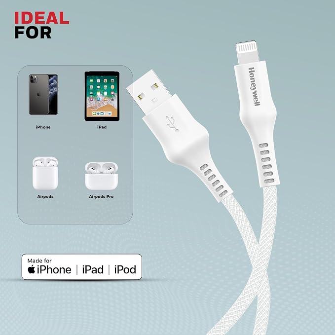 Honeywell USB A to Lightning, 4 Feet (1.2M), Nylon Braided Cable, MFI-certified, QC3.0, 2.4 A Max Output, Fast Charge & Sync Cable for iPhone, iPad, AirPods White
