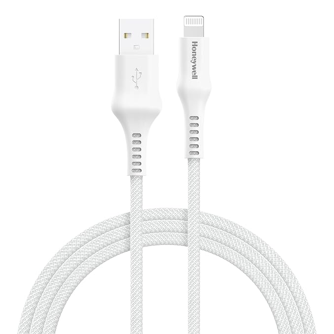 Honeywell USB A to Lightning, 4 Feet (1.2M), Nylon Braided Cable, MFI-certified, QC3.0, 2.4 A Max Output, Fast Charge & Sync Cable for iPhone, iPad, AirPods White