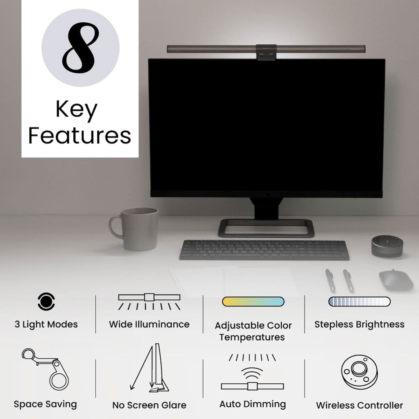 BENQ SCREENBAR HALO LED MONITOR LIGHT| LAMP WITH WIRELESS CONTROLLER| ADJUSTABLE BRIGHTNESS AND COLOR TEMPERATURE| EYE-CARE| NO SCREEN GLARE| SPACE SAVING| CURVED MONITORS| USB