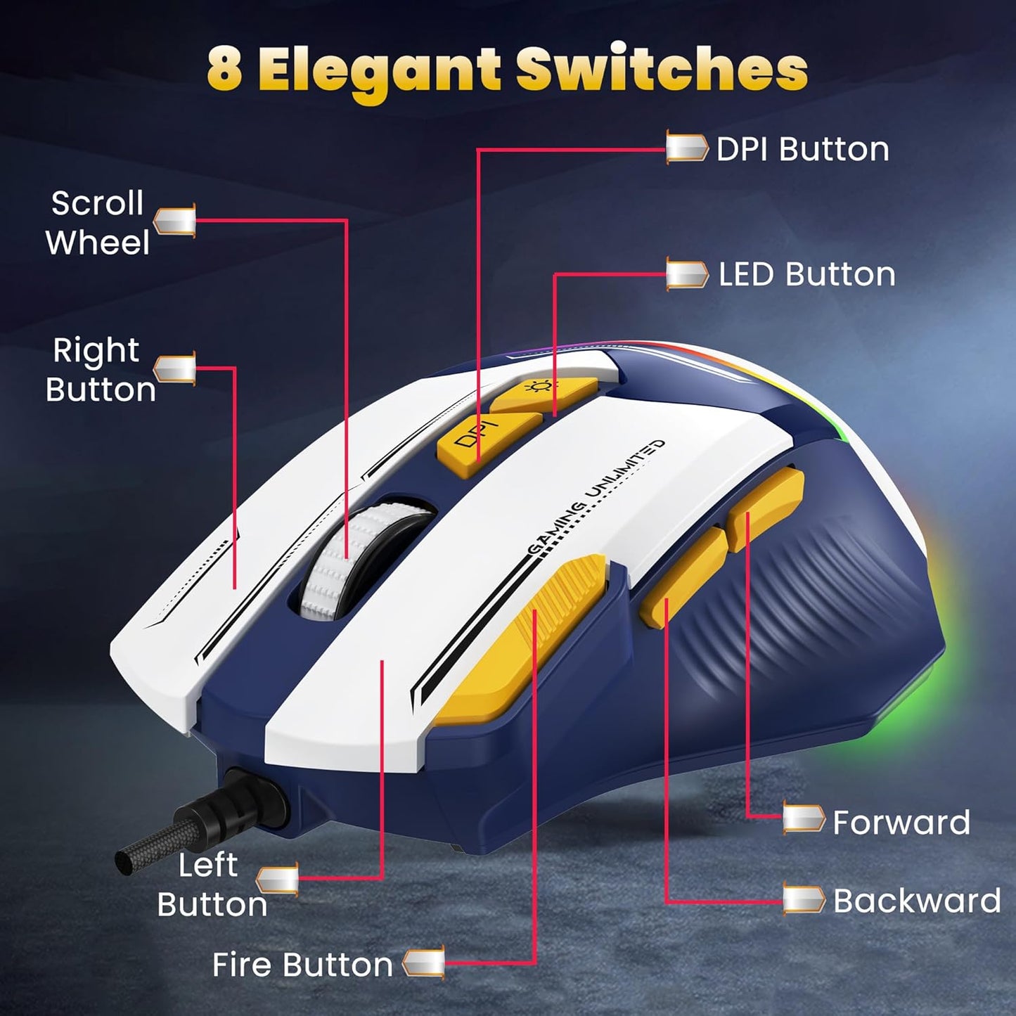 ANT ESPORTS GM333 WIRED OPTICAL ERGONOMIC DESIGN GAMING MOUSE RED/YELLOW BLACK