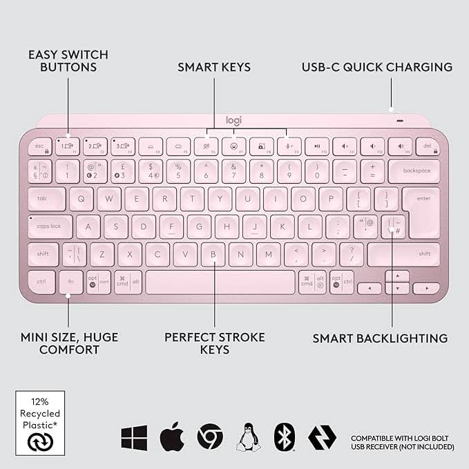 Logitech MX Keys Mini Minimalist Wireless Illuminated Keyboard Rose