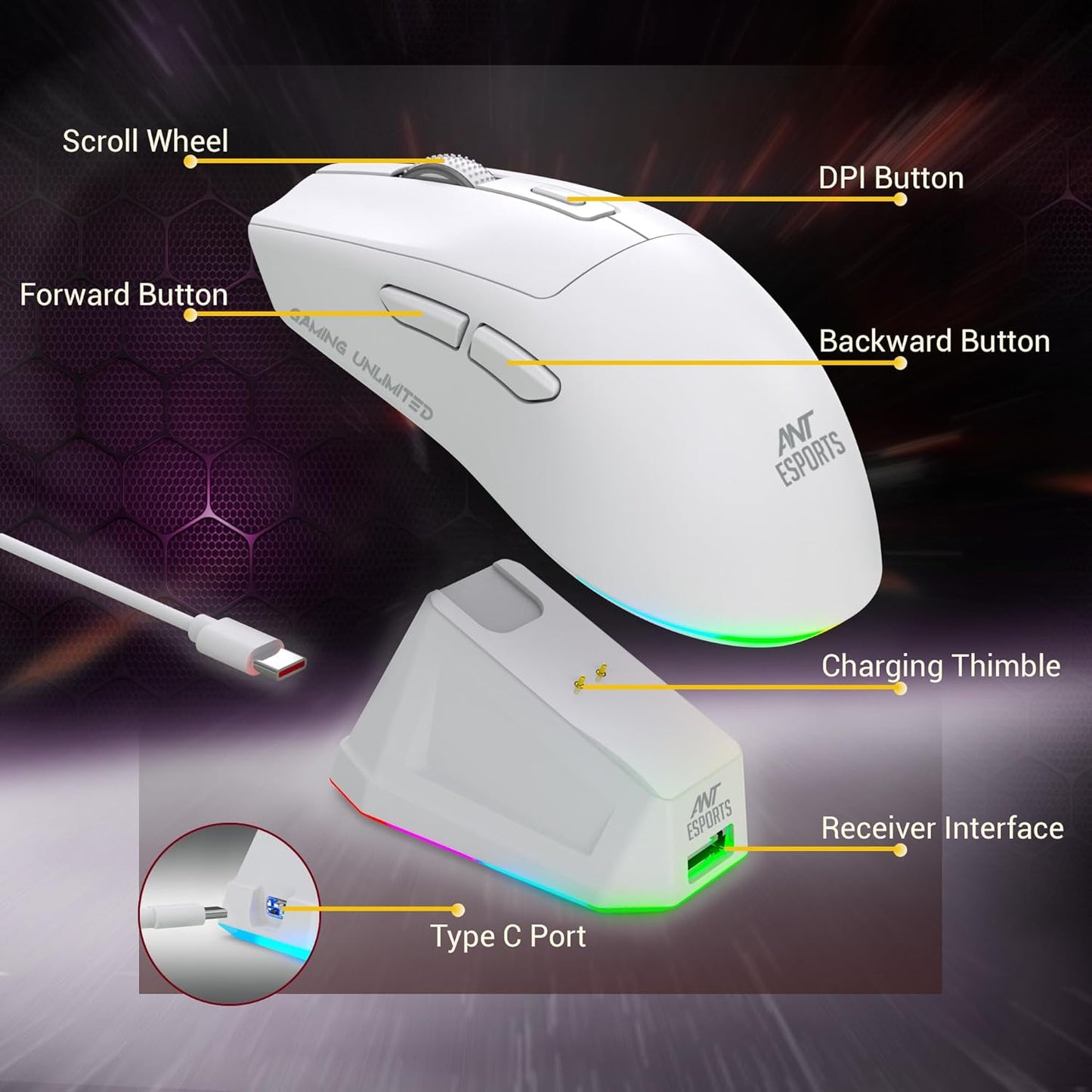 ANT ESPORTS GM810 PRO WIRELESS OPTICAL GAMING MOUSE 7200 DPI 2.4G BLUETOOTH - WHITE