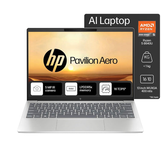 HP PAVILION AERO AI LAPTOP, AMD RYZEN 5 8640U, 16 TOPS, 16GB LPDDR5X, 512GB SSD, (WIN 11, OFFICE 21, SILVER, < 1KG) 13.3-INCH (33.8CM), ULTRA-LIGHT, WUXGA, AMD RADEON GRAPHICS, 5MP CAMERA, BG0016AU