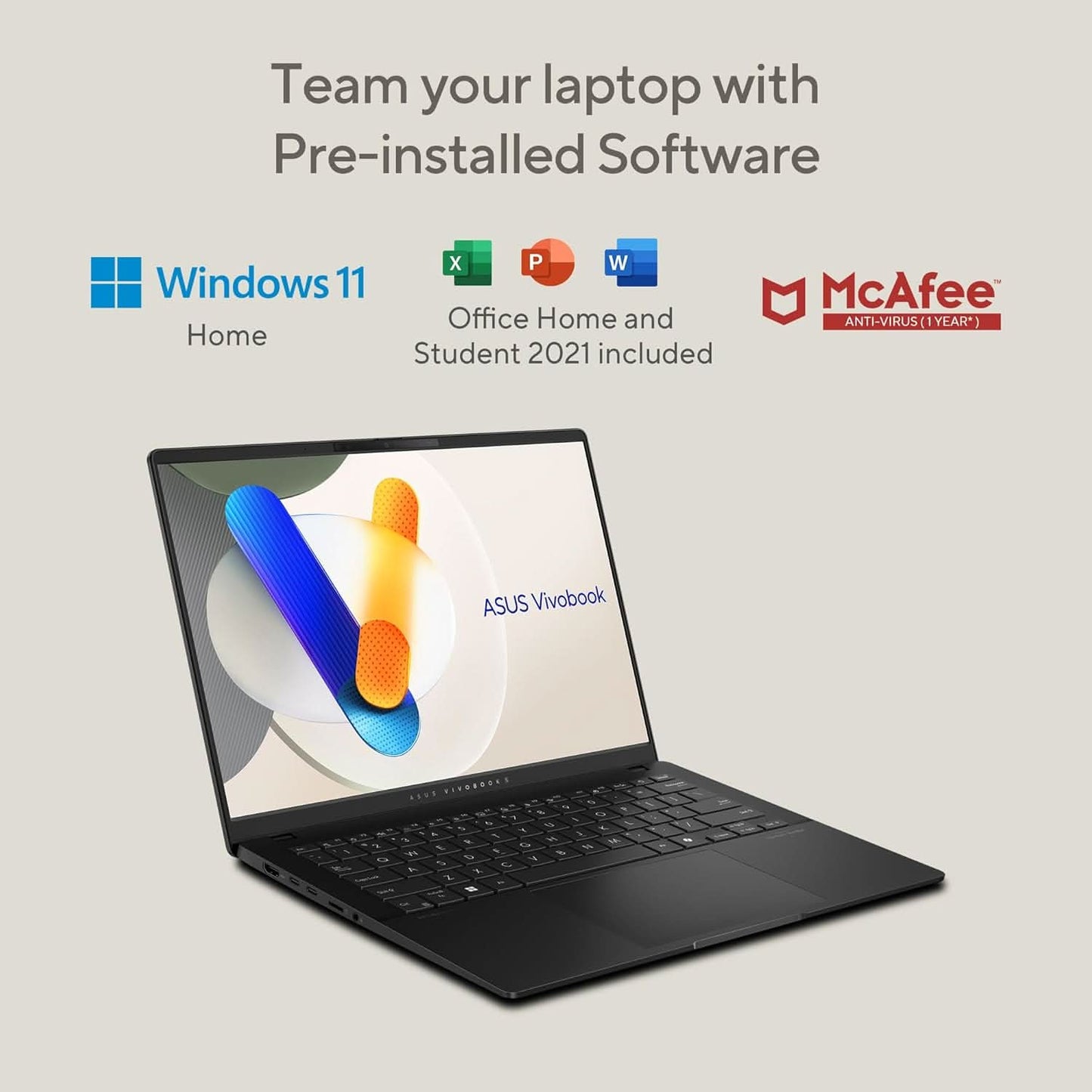ASUS VIVOBOOK S 14 OLED, 3K OLED 16:10, 120HZ 400 NITS, AMD RYZEN AI 9 HX 370 PROCESSOR 2.0GHZ, BUILT-IN AI (24GB RAM/512GB SSD/WINDOWS 11/OFFICE 2021/NEUTRAL BLACK/1.3 KG), M5406WA-PP961WS