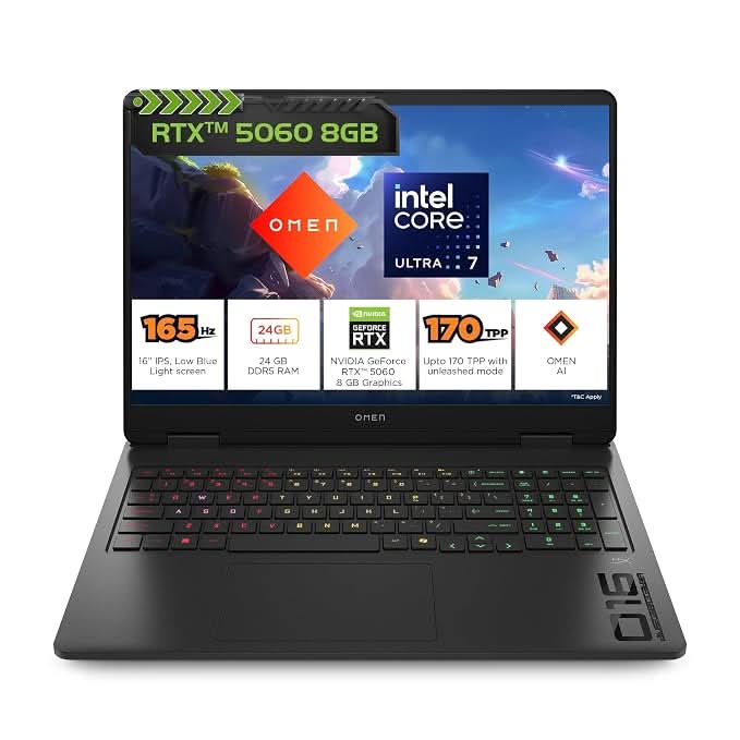 HP OMEN 16-am0238TX Gaming Laptop, Intel Core Ultra 7 255H, 24GB RAM, 1TB SSD, GeForce RTX 5060 8GB, Windows 11, Microsoft Office 2024, Black