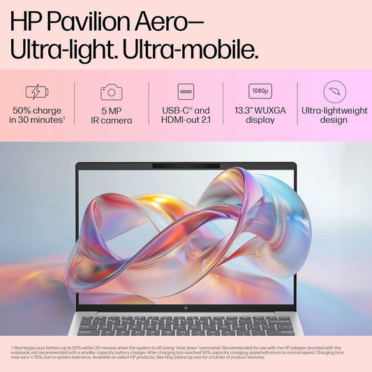 HP PAVILION AERO AI LAPTOP, AMD RYZEN 7 8840U, 16 TOPS, 16GB LPDDR5X, 512GB SSD, (WIN11, OFFICE21, SILVER, < 1KG), 13.3-INCH (33.8CM), ULTRA-LIGHT, WUXGA, AMD RADEON GRAPHICS, 5MP CAMERA, BG0017AU