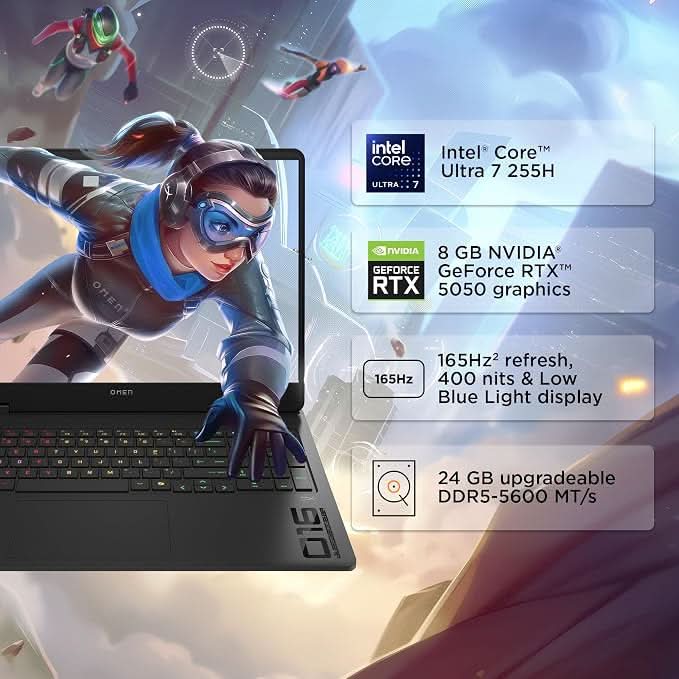 HP OMEN 16-am0240TX Gaming Laptop, Intel Core Ultra 7 255H, 24GB RAM, 1TB SSD, GeForce RTX 5050 8GB, Windows 11, Microsoft Office 2024, Black